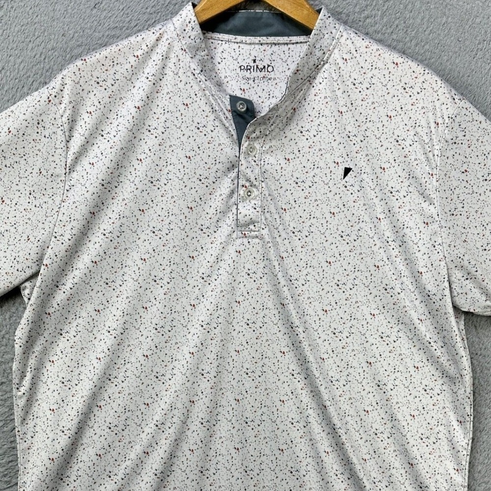 PRIMO Mens XL Shirt Golf Polo White Speckled Short Sleeve Blade Collar Rugby